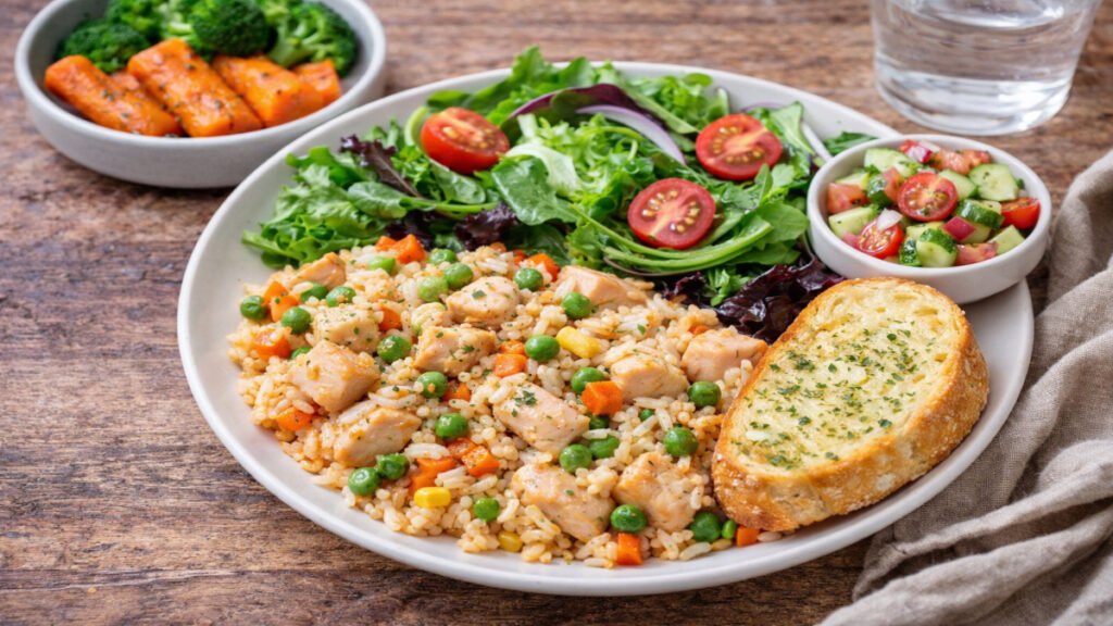 budget chicken and rice skillet served with garlic bread cucumber salad broccoli and carrots