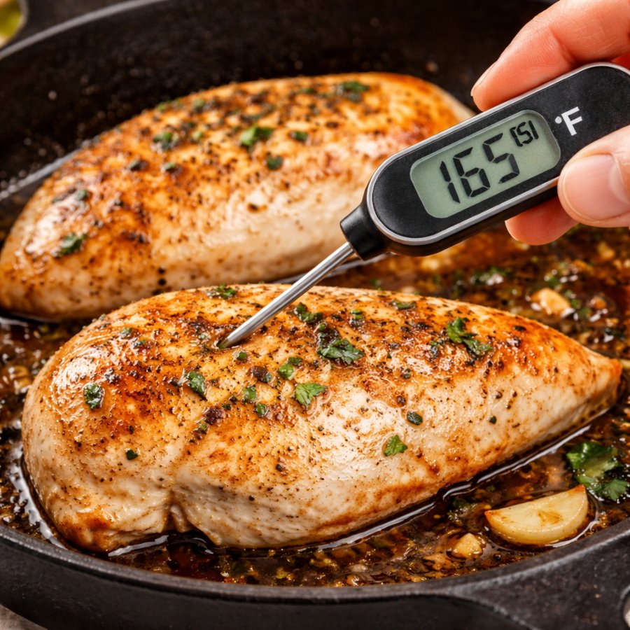 Checking cooked chicken breast temperature with a digital meat thermometer reading 165°F