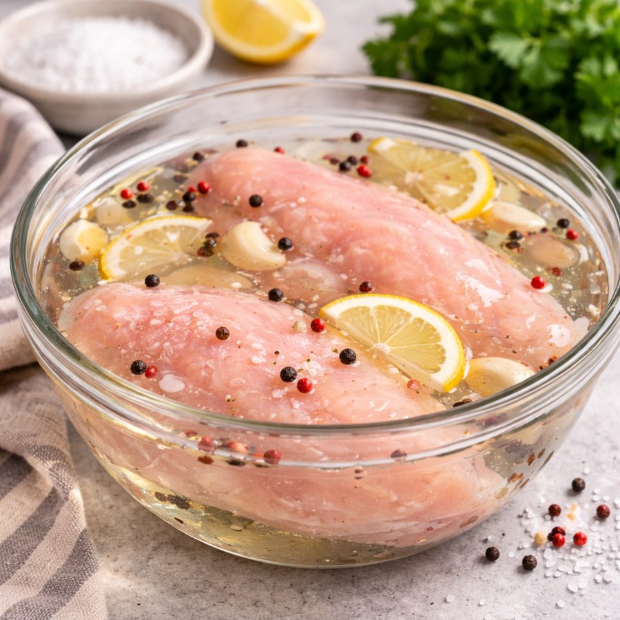 Raw chicken breasts soaking in a quick saltwater brine with lemon and peppercorns