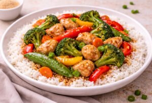 Chicken vegetable stir fry served over white rice with broccoli, bell peppers and carrots