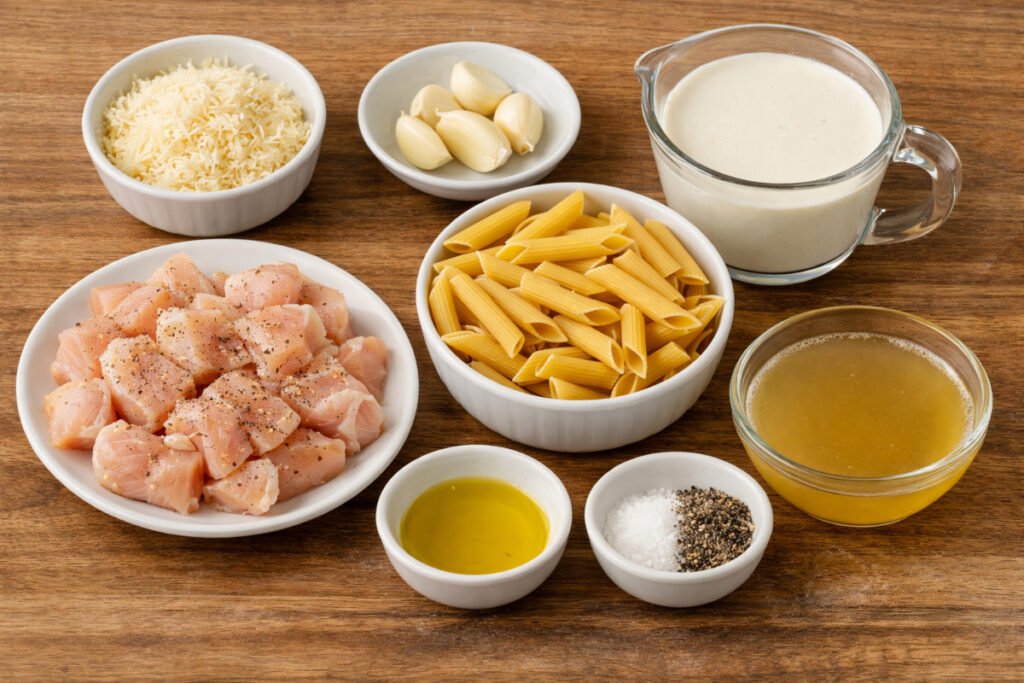 Ingredients for creamy garlic chicken pasta including chicken breast, penne pasta, garlic, parmesan cheese, cream, olive oil, chicken broth, salt and pepper arranged on a wooden surface.