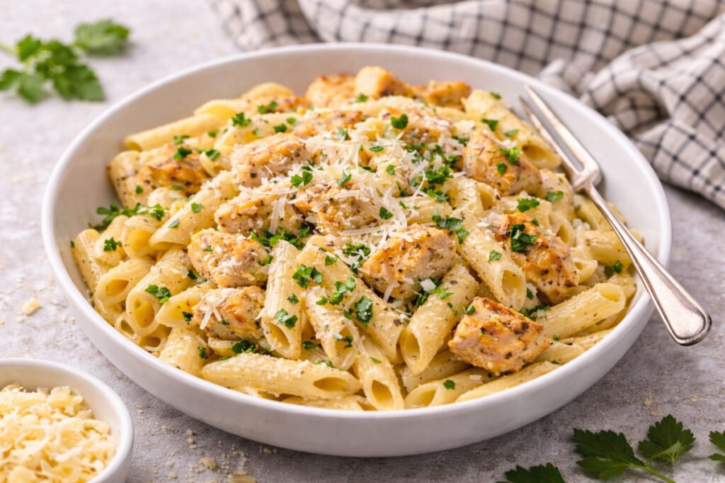 creamy garlic chicken pasta family dinner recipe featured in weekly meal plan