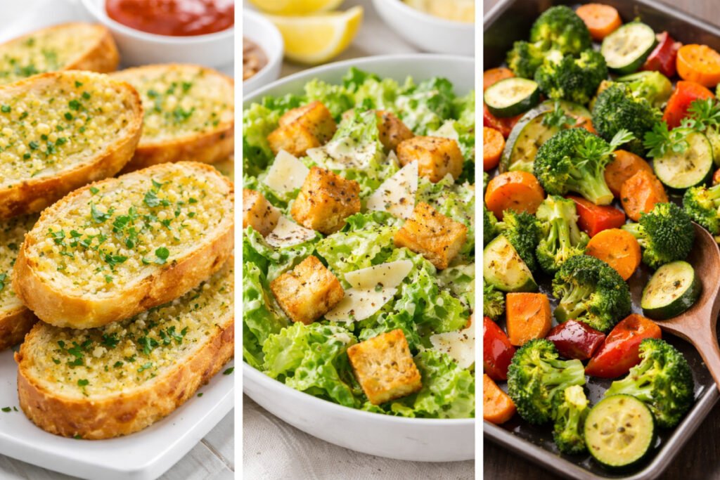 Garlic bread, Caesar salad, and roasted vegetables served as side dishes for creamy garlic chicken pasta.