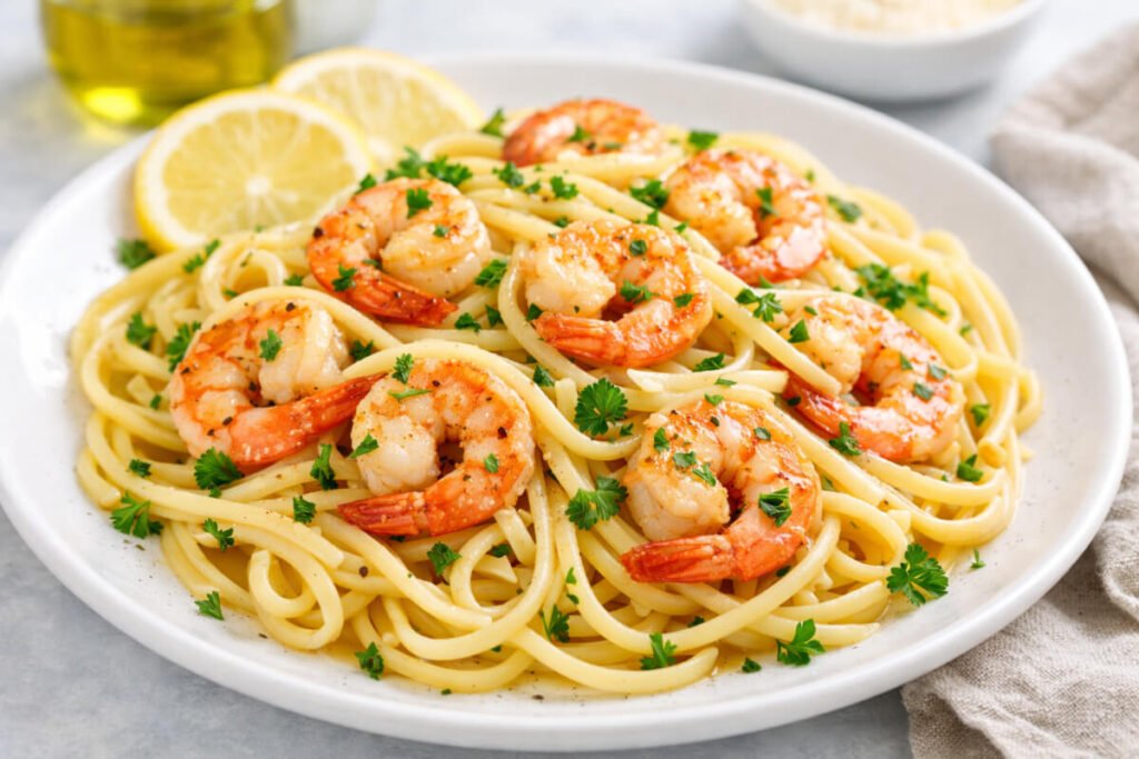 Easy lemon garlic shrimp pasta with fresh parsley and lemon served on a white plate