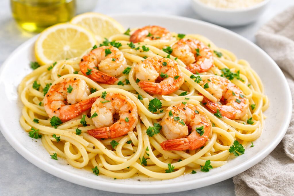 Easy lemon garlic shrimp pasta with fresh parsley and lemon served on a white plate
