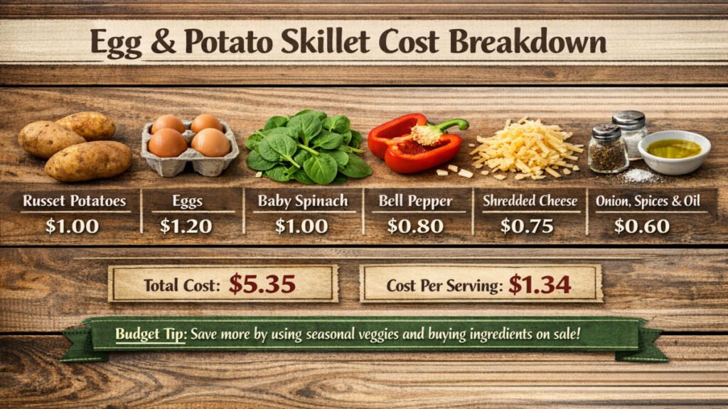 Horizontal cost breakdown infographic for egg and potato skillet showing ingredient prices and total cost per serving