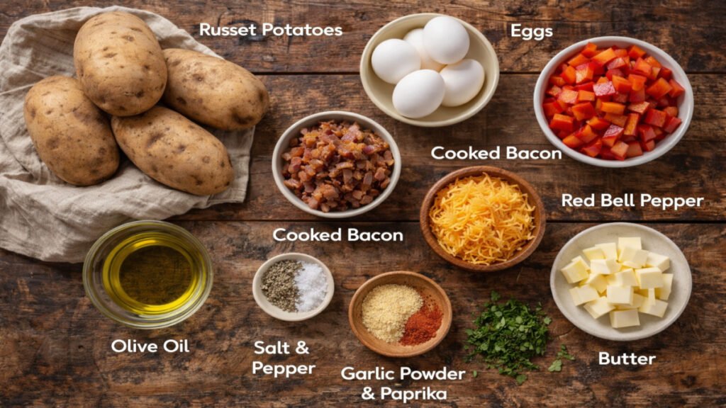 Ingredients for egg and potato skillet including potatoes, eggs, bell peppers, cheese, bacon, and seasonings on rustic wood background