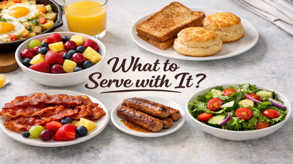 Serving suggestions for egg and potato skillet including fresh fruit toast biscuits bacon sausage and side salad