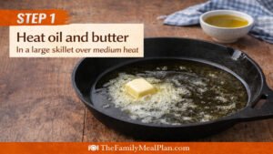 Heating oil and butter in skillet for egg and potato skillet recipe step 1
