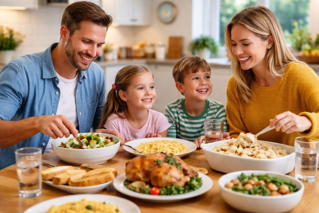 Family enjoying a homemade dinner together at the kitchen table