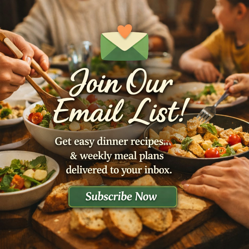 Family dinner table with food and overlay inviting visitors to join the email list for easy recipes and weekly meal plans.