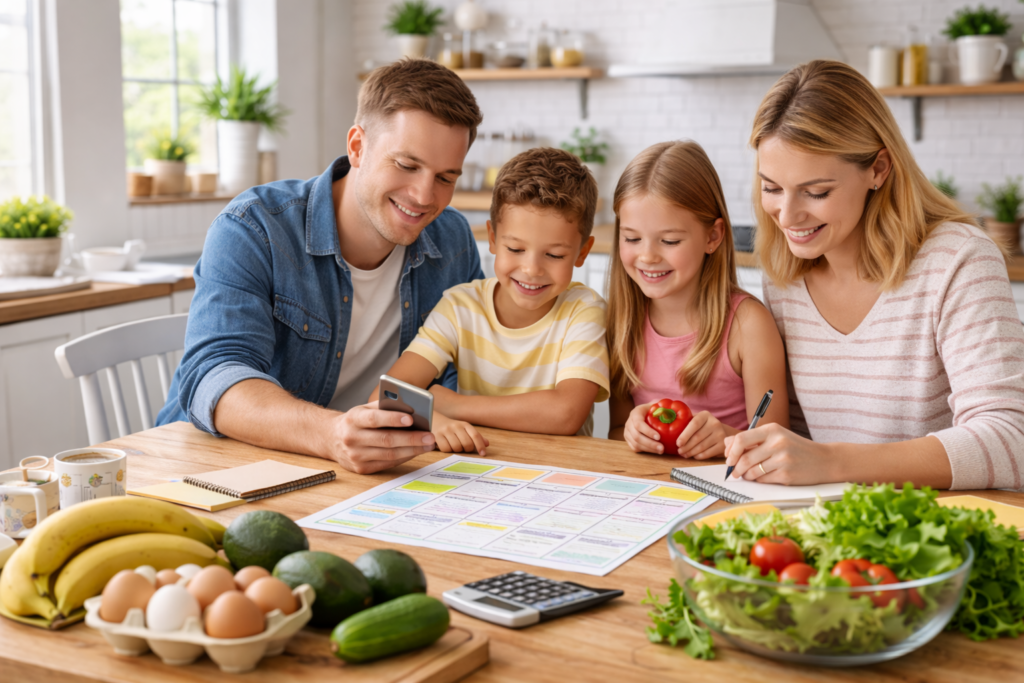 Family planning weekly meals together at a kitchen table with fresh groceries, representing simple and healthy family meal planning.