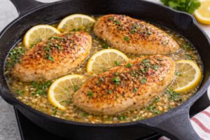 Finished lemon garlic chicken in skillet with garlic sauce lemon slices and fresh parsley