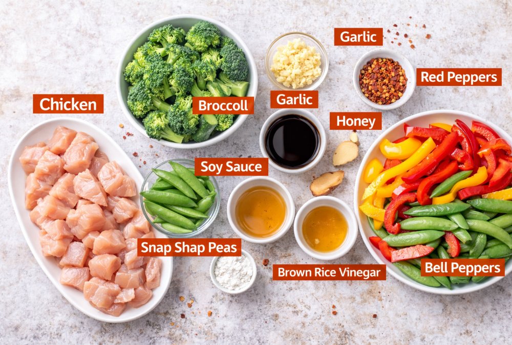 Ingredients for chicken vegetable stir fry including chicken breast, broccoli, bell peppers, snap peas, garlic, ginger and soy sauce