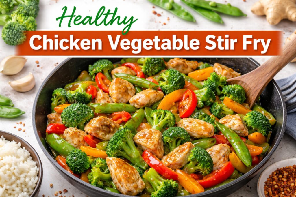 Healthy chicken vegetable stir fry with broccoli, bell peppers, carrots and snap peas cooked in garlic soy sauce