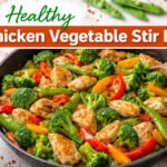 Healthy chicken vegetable stir fry with broccoli, bell peppers, carrots and snap peas cooked in garlic soy sauce