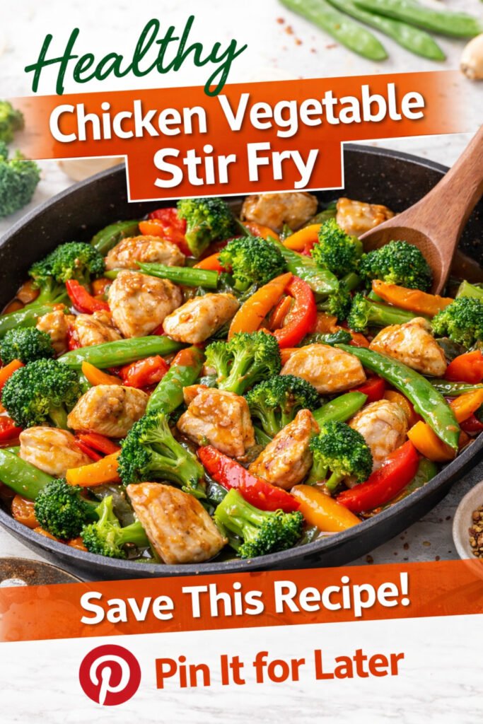 Healthy chicken vegetable stir fry recipe with vegetables and chicken in skillet, quick healthy dinner idea to save for later