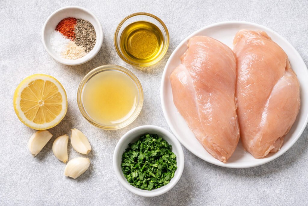 Ingredients for healthy lemon garlic chicken including chicken breasts, lemon, garlic, olive oil, and herbs