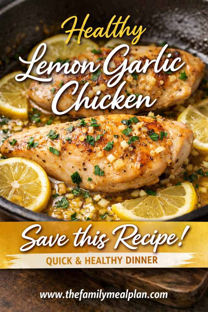 Healthy lemon garlic chicken skillet recipe with lemon slices and garlic – quick healthy dinner recipe