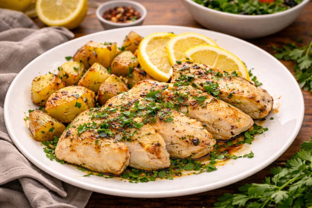 healthy lemon garlic chicken with roasted potatoes and fresh lemon slices
