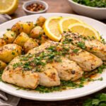 healthy lemon garlic chicken with roasted potatoes and fresh lemon slices