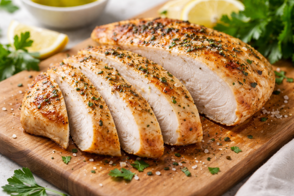 Juicy sliced chicken breast cooked perfectly on a cutting board