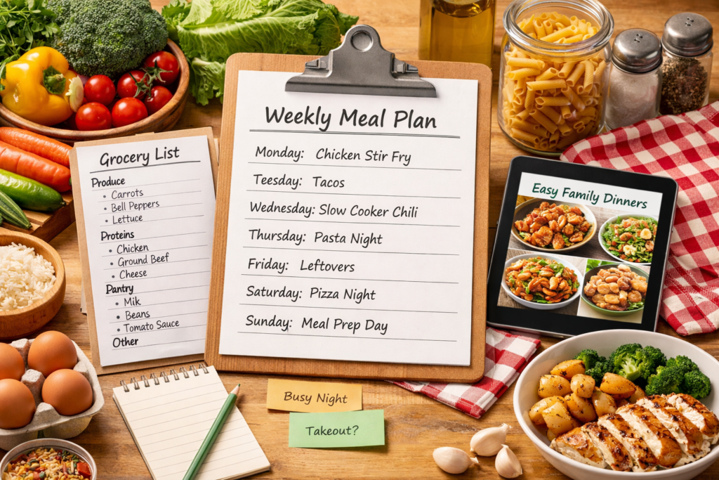 Weekly meal plan and grocery list with fresh ingredients for easy family dinners
