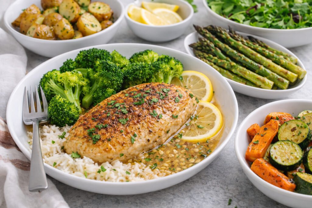 Healthy lemon garlic chicken served with rice broccoli roasted vegetables and asparagus