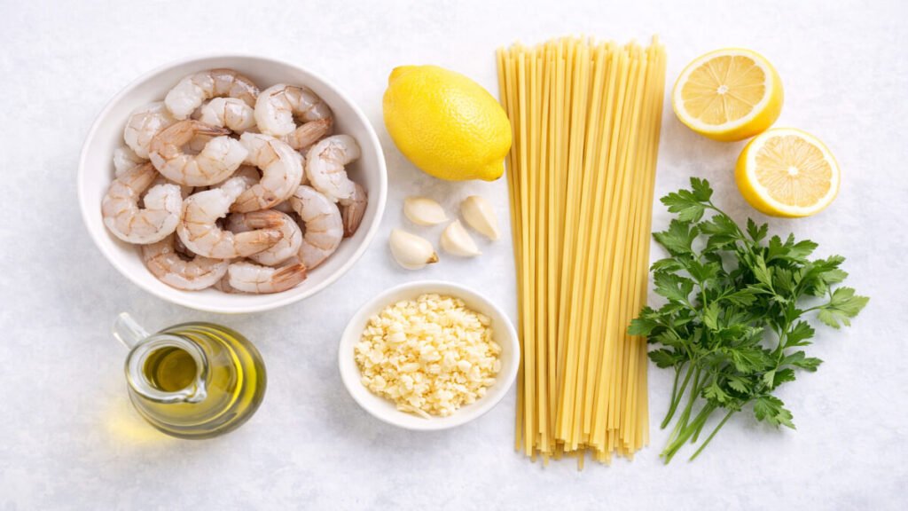 Ingredients for lemon garlic shrimp pasta including shrimp, garlic, lemon, parsley, pasta, and olive oil