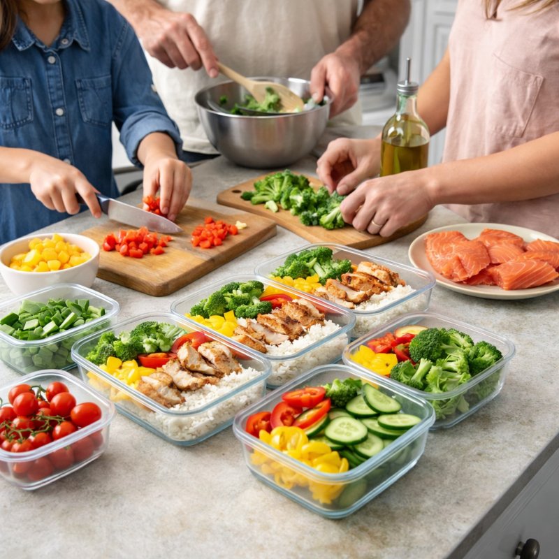 Family meal prepping together with chopped vegetables and prepared containers for weekly meals