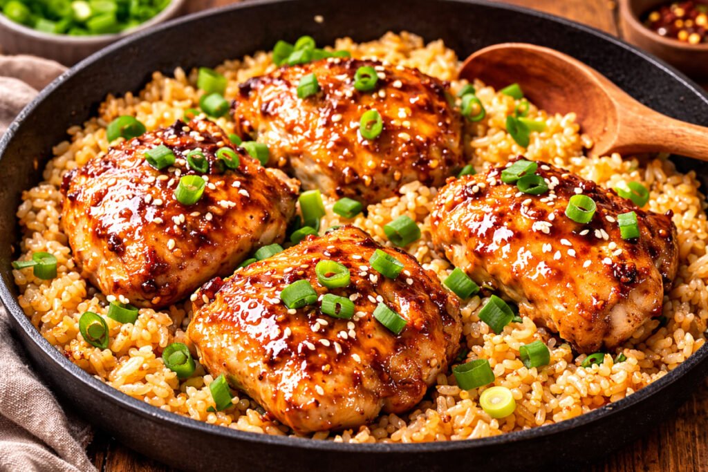One pan honey garlic chicken and rice in a skillet topped with green onions