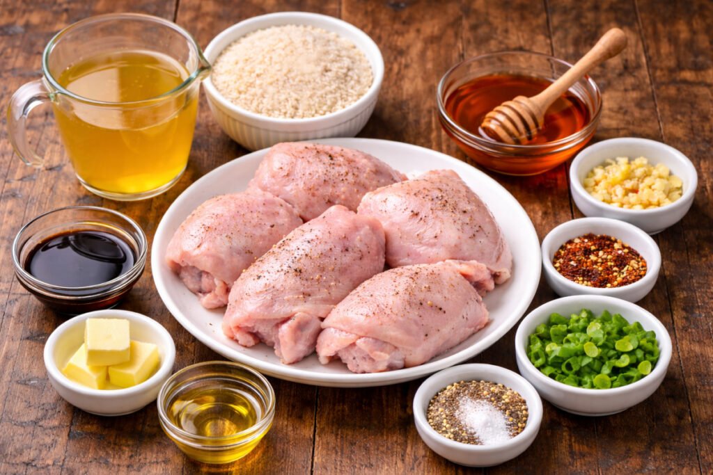 Ingredients for one pan honey garlic chicken and rice including chicken thighs rice garlic honey soy sauce broth and green onions