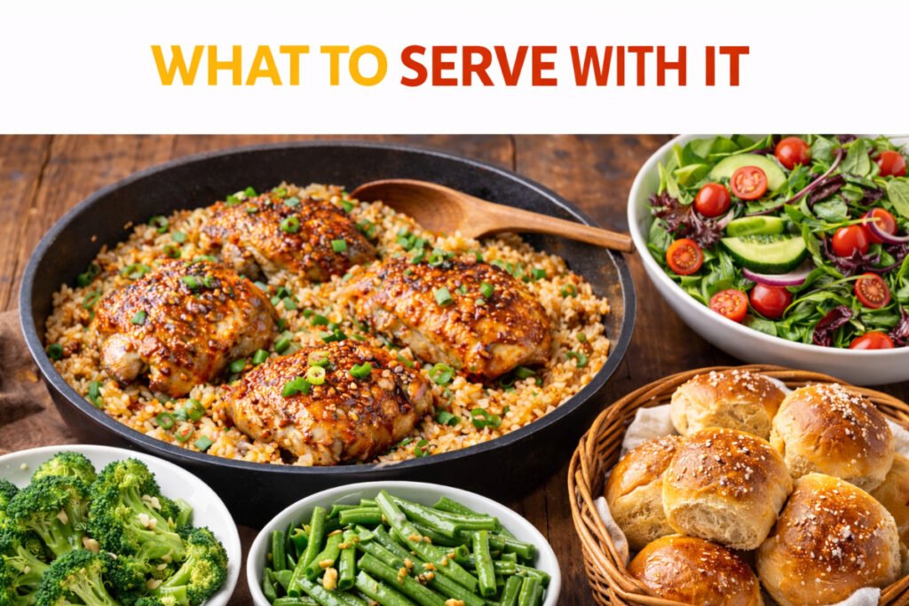 Alt Text

Side dishes to serve with one pan honey garlic chicken and rice including salad broccoli green beans and dinner rolls