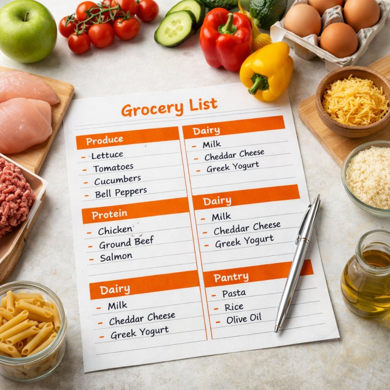 Organized grocery list with categories for meal planning including produce, proteins, and pantry items