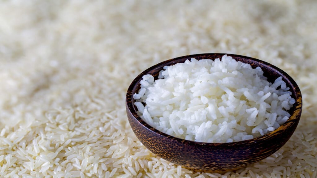 Parboiled rice cooked with firm separate grains in a bowl
