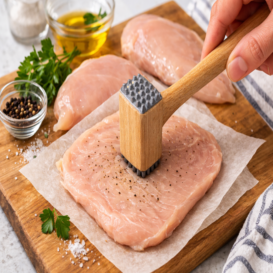 Pounding chicken breast with a meat mallet to create even thickness for juicy cooking