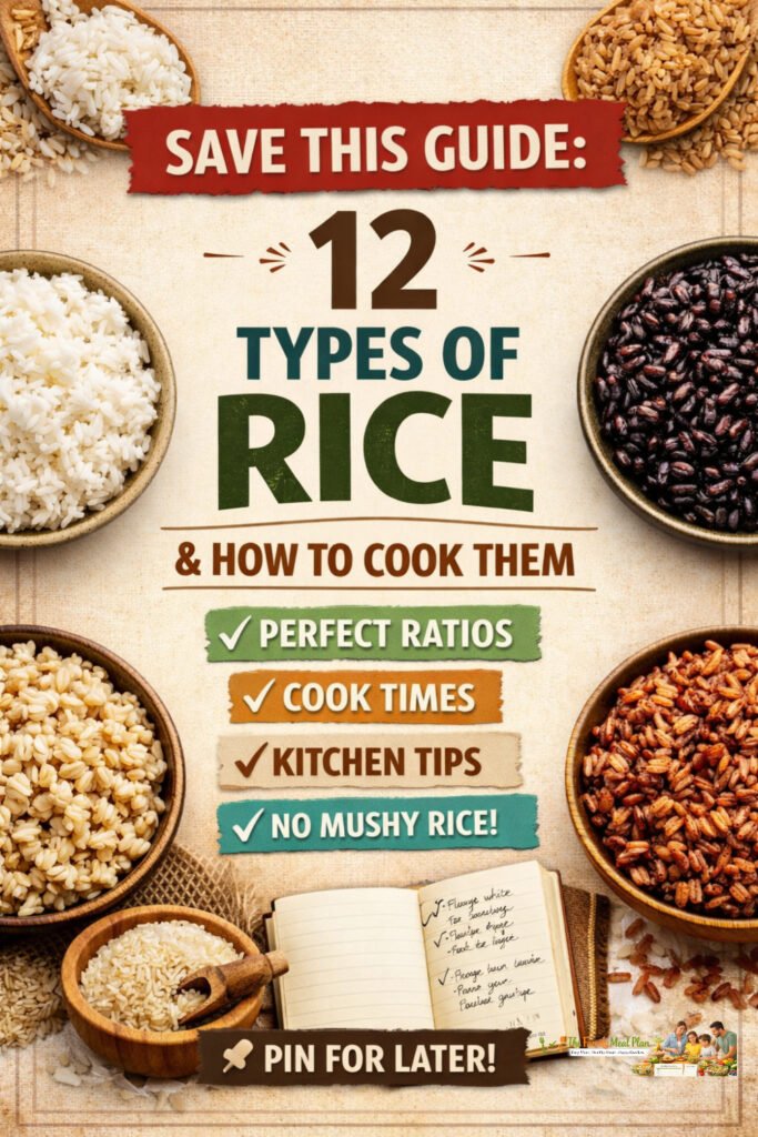 Save this guide showing 12 types of rice with cooking ratios and times for perfect rice every time