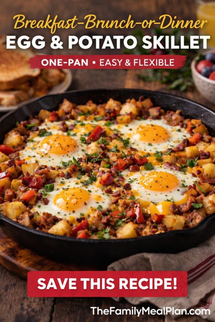 Pinterest pin for breakfast brunch or dinner egg and potato skillet with crispy potatoes, eggs, and one-pan meal text overlay