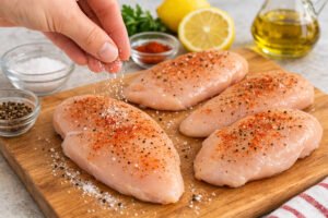 Seasoning raw chicken breasts with salt pepper and paprika for healthy lemon garlic chicken recipe