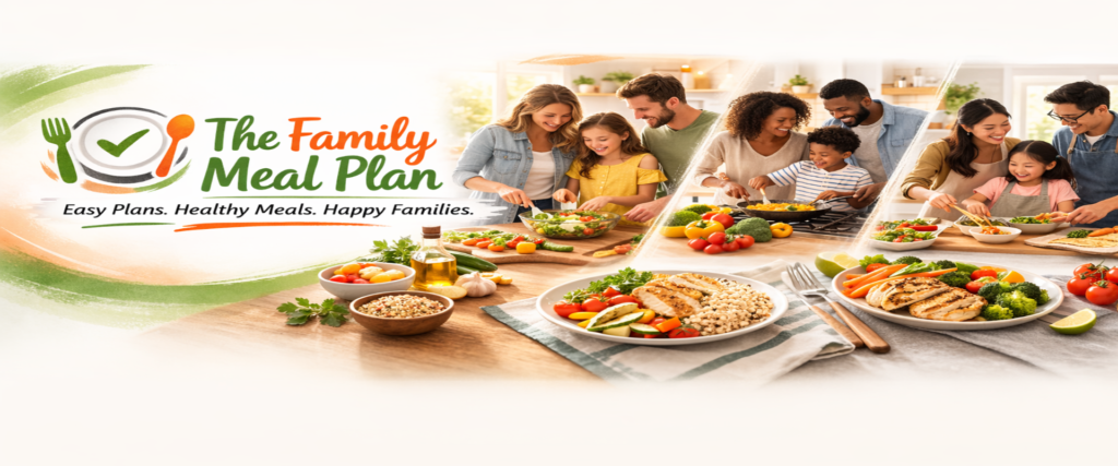 Family-style dinner table with fresh homemade meals and ingredients representing easy family recipes and meal planning.