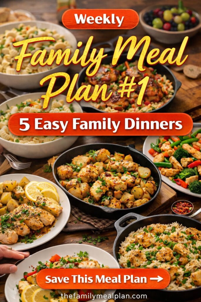 Weekly family meal plan with 5 easy dinner recipes including chicken pasta, honey garlic chicken and rice, stir fry, and skillet meals