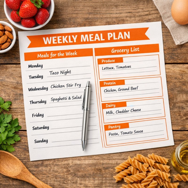 Weekly meal plan template with grocery list and organized meals for each day of the week