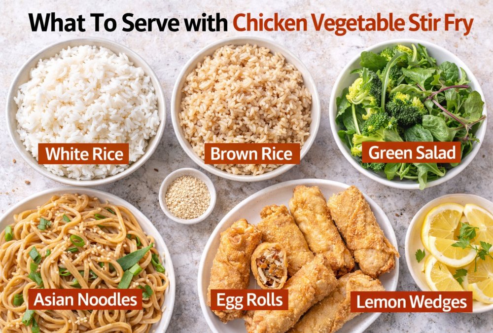 Side dishes for chicken vegetable stir fry including white rice, brown rice, noodles, salad and egg rolls