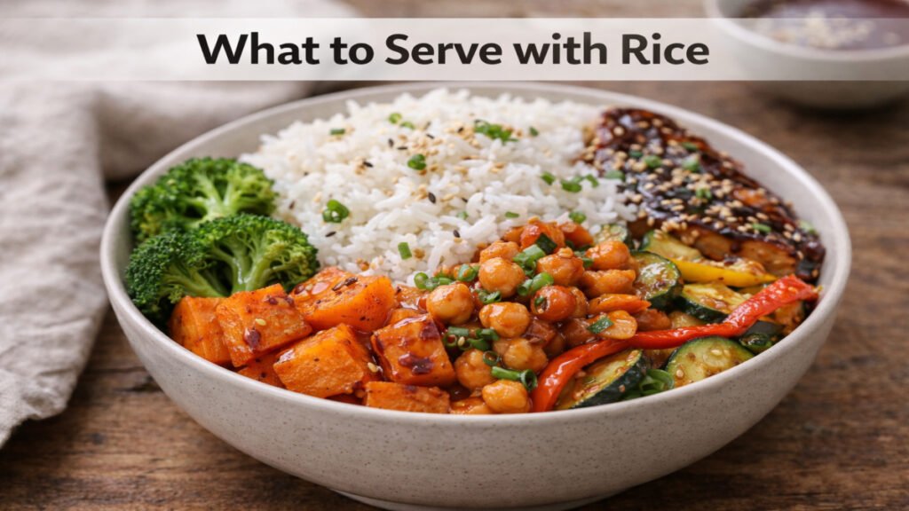 Rice bowl with vegetables and protein for easy meal ideas