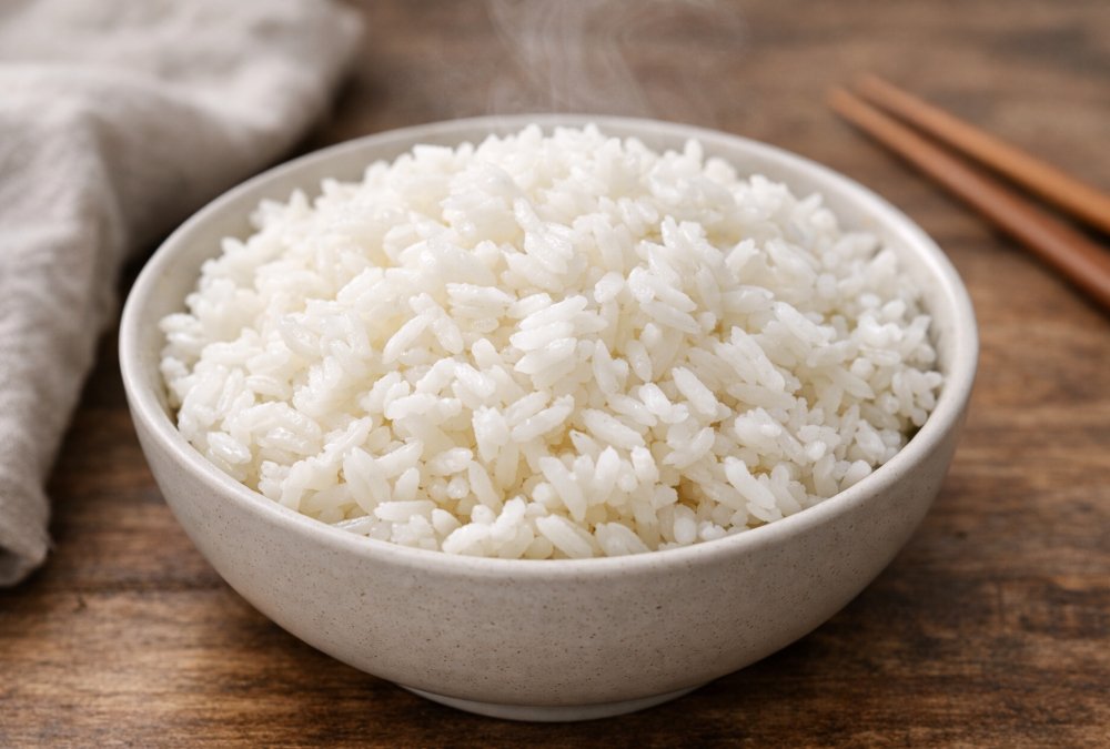 Fluffy white rice cooked perfectly in a bowl with steam rising
