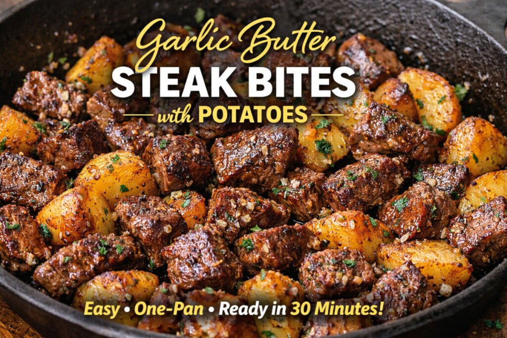 Garlic butter steak bites with crispy potatoes in skillet quick one pan dinner