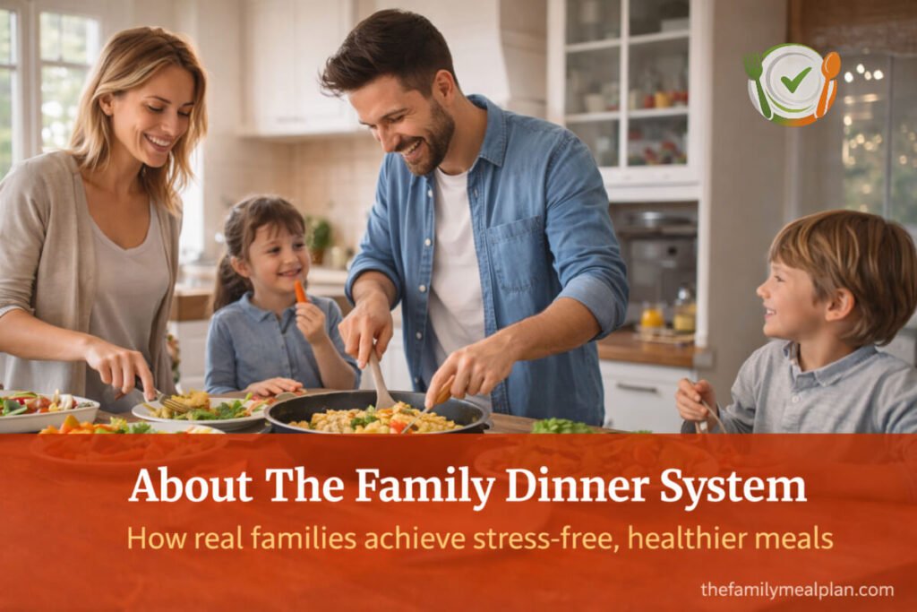 Family cooking together in a kitchen preparing a healthy meal representing the Family Dinner System for busy households