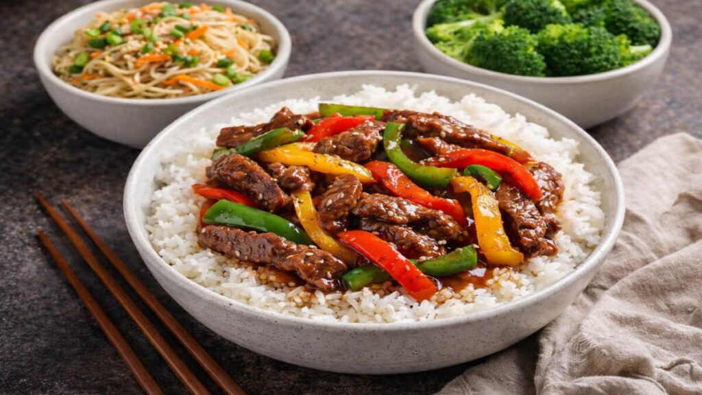 Beef and pepper stir fry served over rice with broccoli and noodles on the side