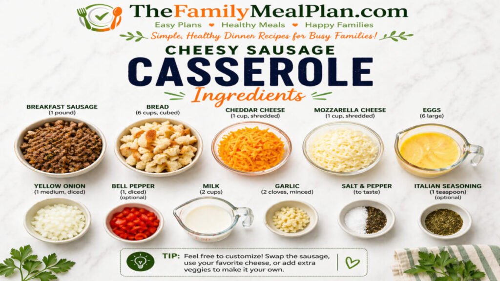 Ingredients for cheesy sausage casserole including sausage, eggs, bread, cheese, and vegetables