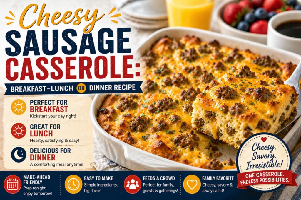 Cheesy sausage casserole header image for a great weekend meal option
